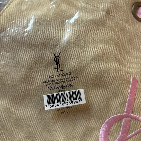 YSL tan canvas pink embroidered woven grosgrain/canvas drawstring closure tote. - Picture 6 of 6